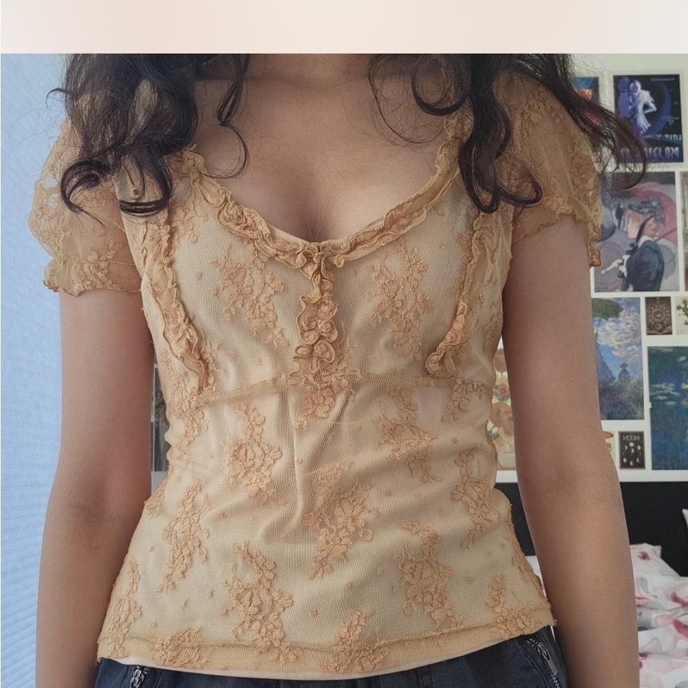 Sheer Lace-Embroidered Scoop Neck Top - Cream